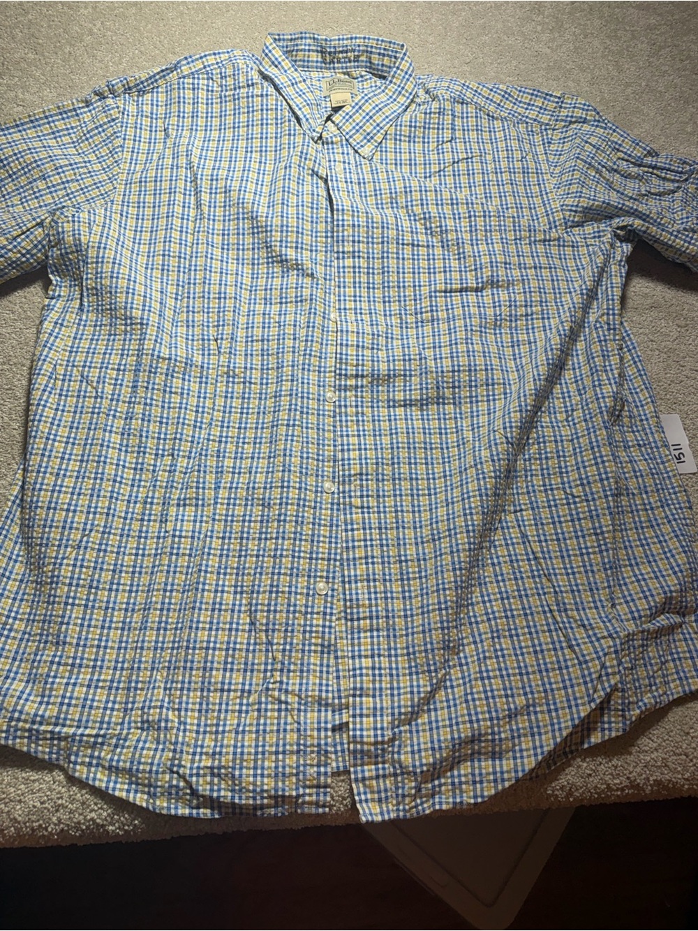 LL bean men’s short sleeve shirt sz xxl seer sucker material yellow/ blue